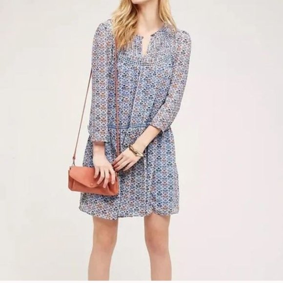 Anthropologie Holding Horses Betany Blue Floral Dress Long Sleeve Sheer Size 4 - Picture 1 of 10